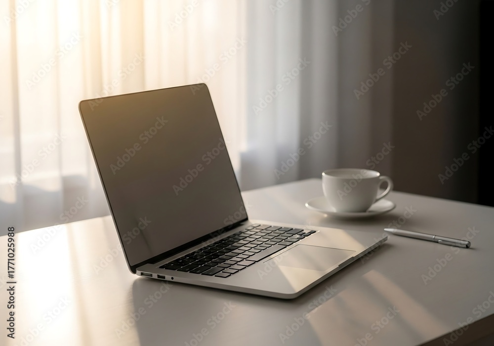 Fototapeta premium Silver laptop on wooden desk with morning light, minimal workspace setup with cup and pen, lifestyle photography for modern productivity and home office branding
