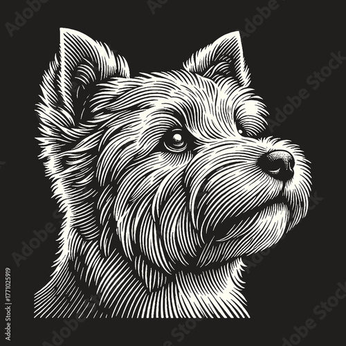 Detailed Engraving of a Terrier Dog Portrait.