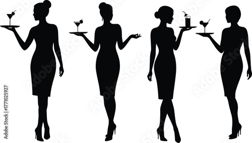 Elegant waitress silhouette women serving cocktails, hospitality service staff holding tray with drinks, stylish hostess figure, catering event, bar lounge, restaurant party illustration design