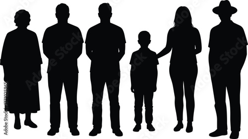 Silhouette people group illustration, diverse family community standing together, human figures vector art, generational diversity concept, teamwork unity design,