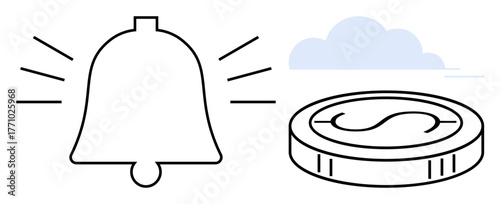Bell with ringing lines next to a coin and cloud, representing notifications, savings, finance, updates, and digital economy. Ideal for business, fintech, reminders security and alerts in a simple