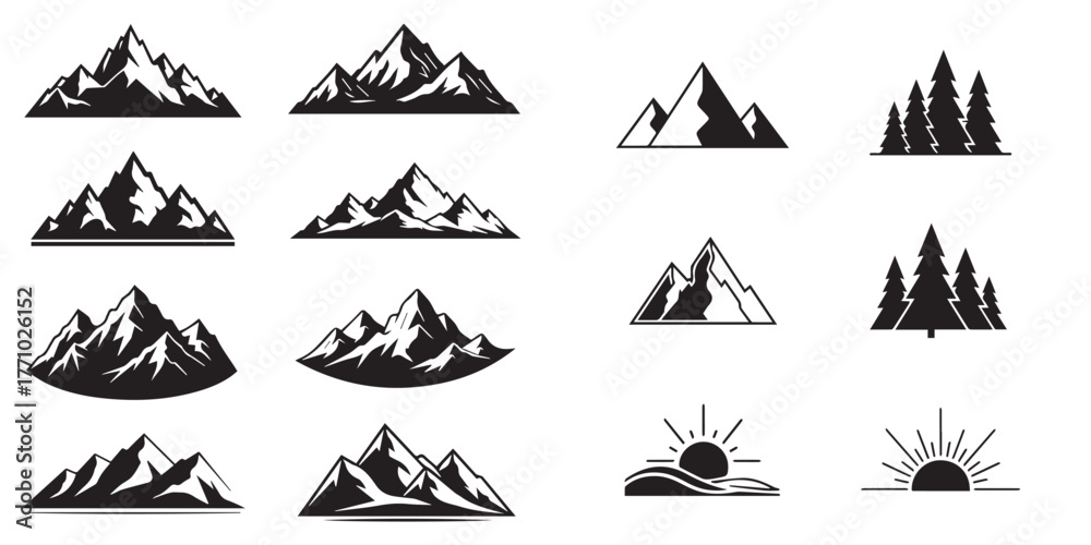 Fototapeta premium Minimalist Nature Landscape Vector Icons: Mountains, Trees, and Sunrise