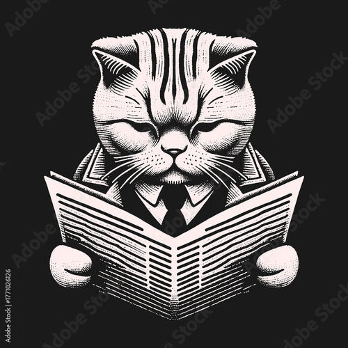 Smart Cat Reading Newspaper: Business and Knowledge.