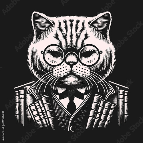 Intelligent Cat Portrait: A Scholarly Feline with Glasses and Books.