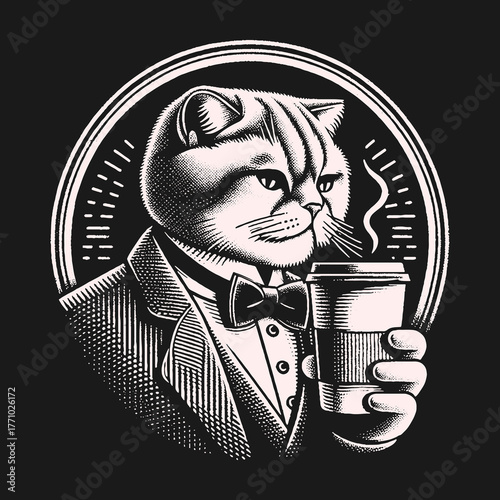 Sophisticated Cat Sipping Coffee in a Stylish Suit.