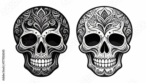 Two intricately designed skulls with decorative patterns, creating a unique and artistic representation