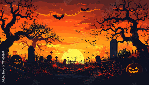 Spooky Pixel Art Halloween Landscape with Jack-o'-lanterns, Bats, and Graveyard at Sunset