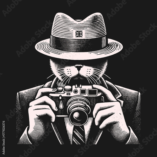 Cat Photographer in a Suit Holding a Camera.