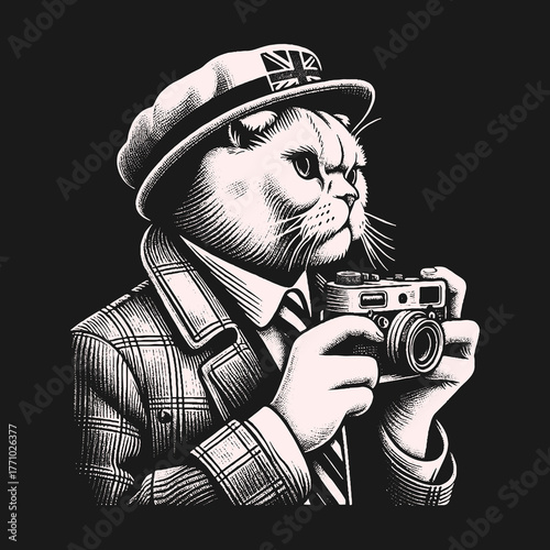 Cat Photographer in Stylish Outfit Holding Camera.