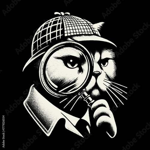 Detective Cat with Magnifying Glass Black and White Illustration.