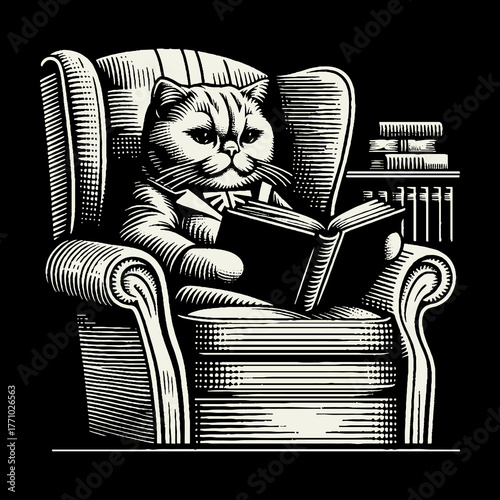 Cat reading a book in a comfortable armchair.