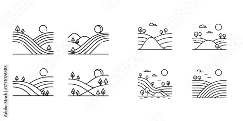Minimal Outline Landscape Icons Countryside Fields Hills Vector Set
