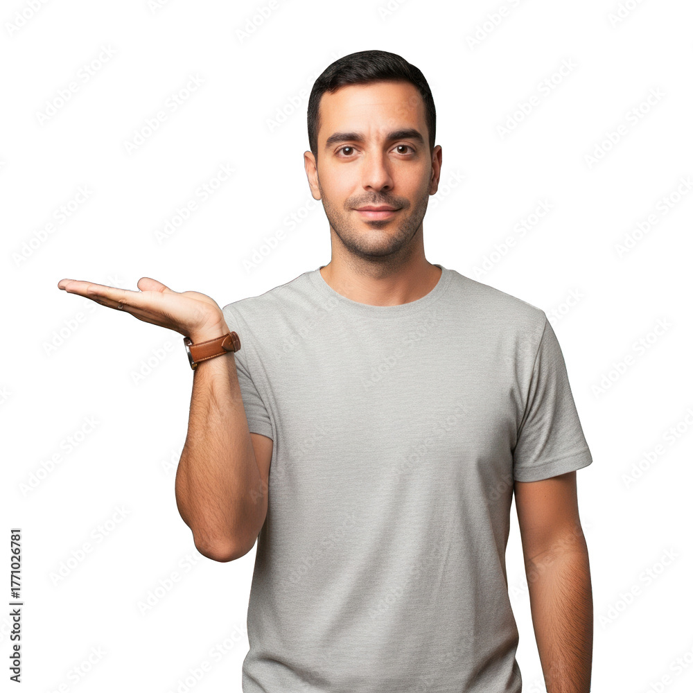 Fototapeta premium Young in Grey T-Shirt Presenting with Open Hand, Looking at Camera with Friendly Expression, Isolated on transparent background. PNG Without Background