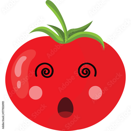 A red cartoon tomato with green leaves and a surprised expression with swirly eyes and rosy cheeks on a transparent background