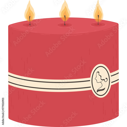 A Red Candle with Three Lit Wicks and a Decorative Label on a Transparent Background Symbolizing Celebration and Ambiance