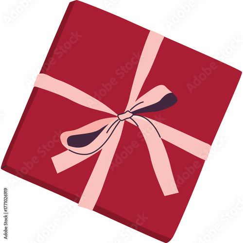 A Red Gift Box With A Light Pink Ribbon And Bow Tied On Top Against A Transparent Background With A Subtle Shadow