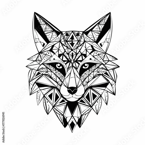 Detailed black silhouette vector of a fox head facing forward, clean geometric lines, no shading, on white background