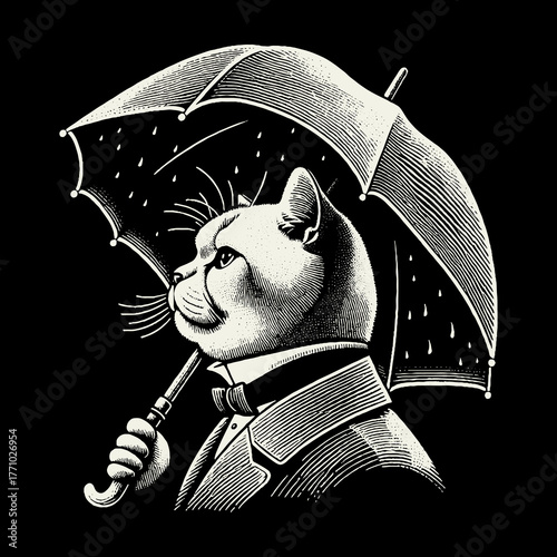 Elegant Feline in Formal Attire with Umbrella.