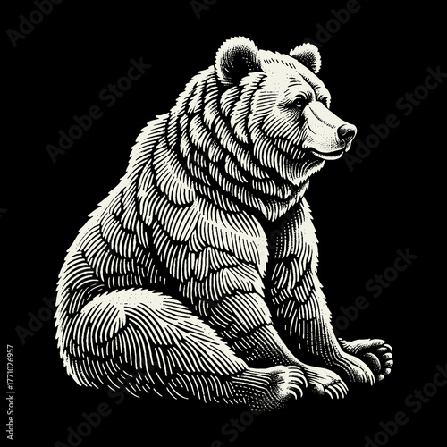 Majestic Grizzly Bear Sitting Gracefully Against Black Background.
