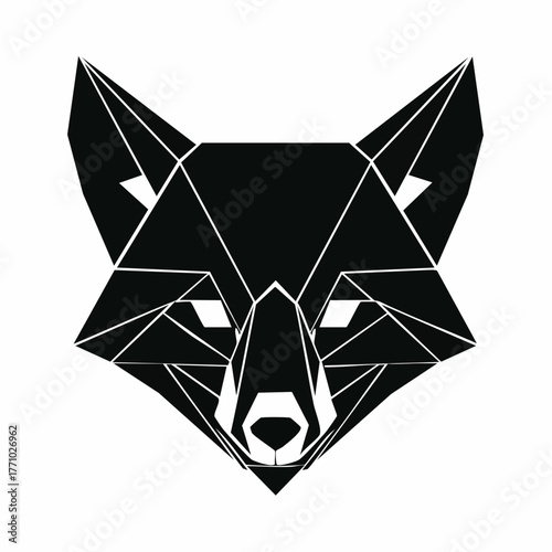 Detailed black silhouette vector of a fox head facing forward, clean geometric lines, no shading, on white background