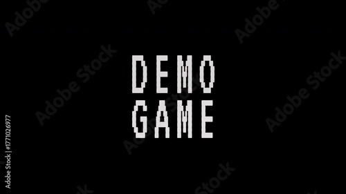 A pixelated retro demo game title flashes on a black screen with an 8-bit style.. 4K video text animation for vintage arcade game.