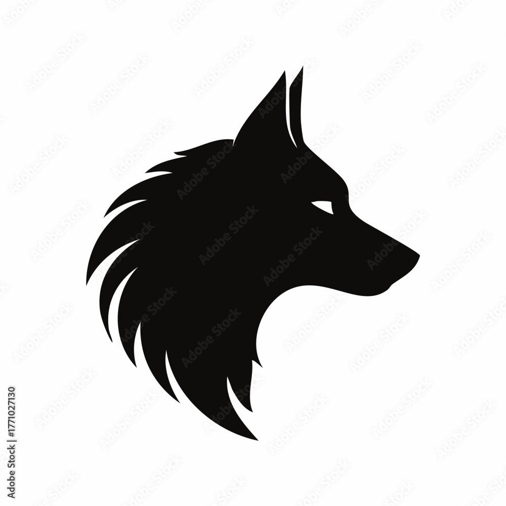 Obraz premium Single black vector silhouette of a wolf head in profile, sharp details in fur and snout, clean white background, modern minimal design