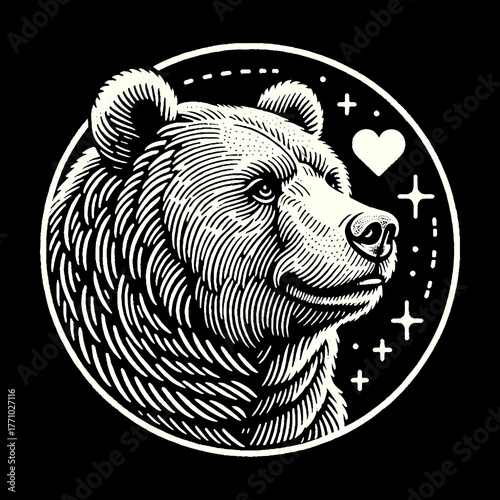 Intricate Bear Portrait in Circular Frame with Heart and Stars.