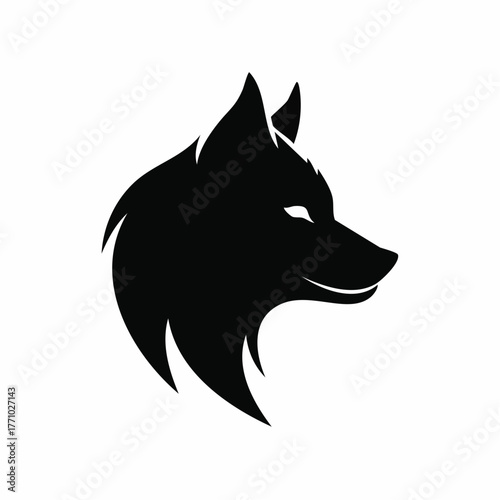 Single black vector silhouette of a wolf head in profile, sharp details in fur and snout, clean white background, modern minimal design