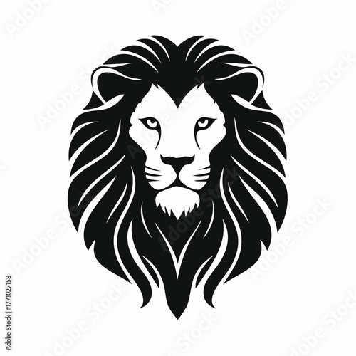 Detailed black silhouette vector of a lion’s head, strong mane texture, clean white background, minimalist style, single solid shape
