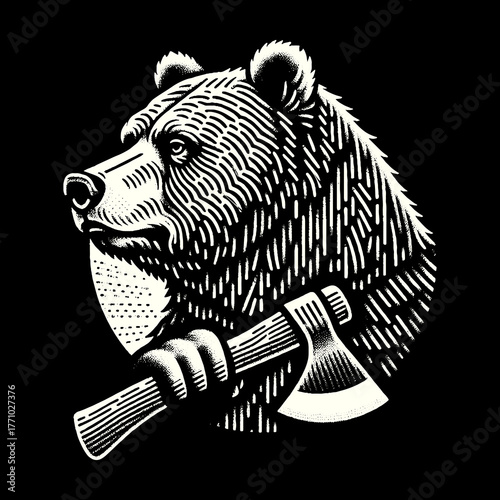 Bear with Axe Illustration: Strength and Wilderness.