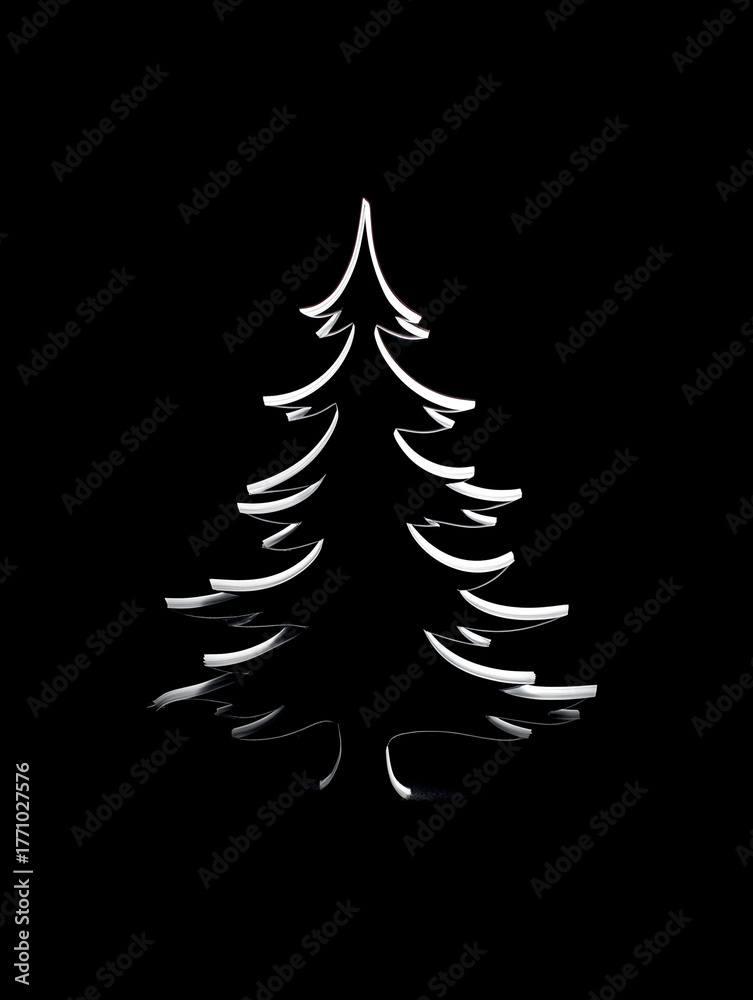 Obraz premium White outline christmas tree on black background