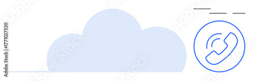 Blue cloud shape with a circular phone call icon representing cloud technology, telecommunication, and VoIP. Ideal for communication, cloud services, technology, data storage, remote work