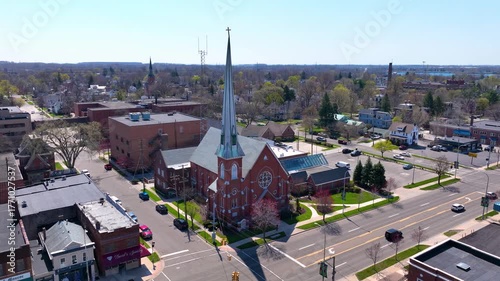 St Paul's United Methodist Church aerial view at 201 S Monroe Street in historic downtown Monroe, Michigan MI, USA. 