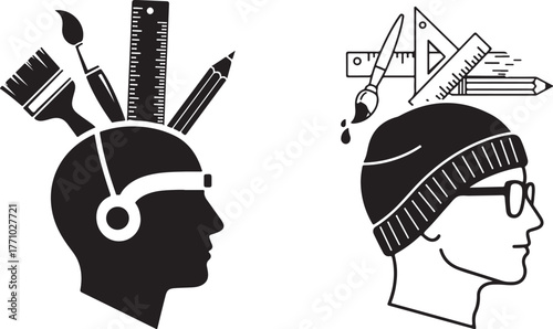 Human Head Profiles with Design Tools, Representing Creative and Technical Thinking