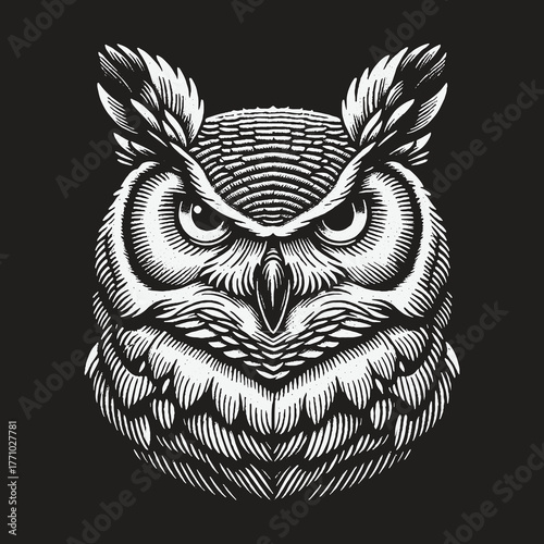Intense Owl Portrait in Detailed Engraving Style.