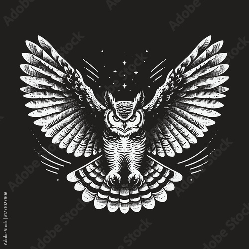 Majestic Owl in Flight: A Detailed Black and White Illustration.