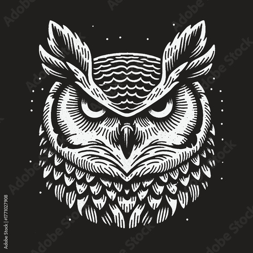 Intense Owl Portrait: A Detailed Black and White Illustration.