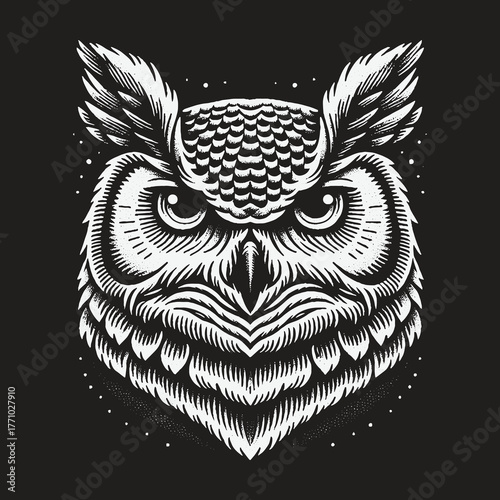 Intricate Owl Portrait in Detailed Black and White Illustration.