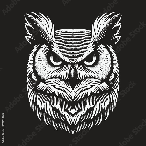 Intense Owl Stare: Detailed Black and White Illustration.