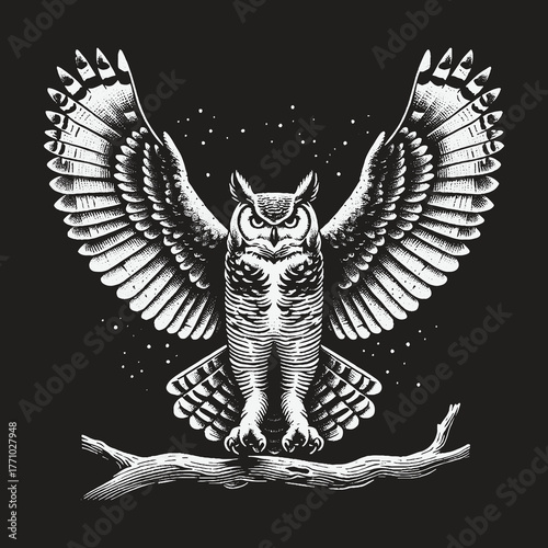 Majestic Owl Perched on Branch with Wings Spread Wide.