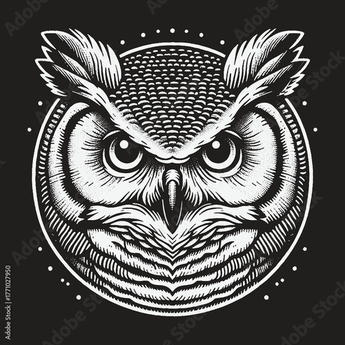 Intense owl illustration in black and white detailed artwork.