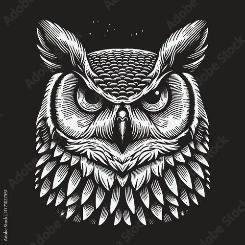 Intense Owl Portrait in Detailed Engraving Style.