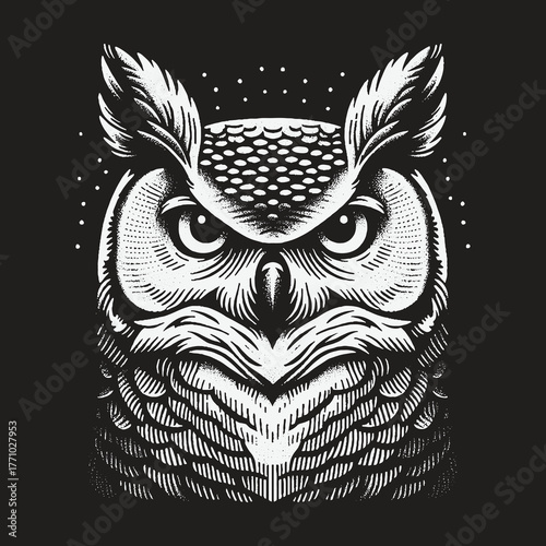 Intense Owl Portrait in Detailed Black and White.