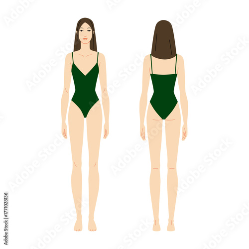 Vector illustration of a 9 head woman in green swimsuit, displaying multiple angles including front and back. Perfect for fashion sketches, anatomy reference, and style design.