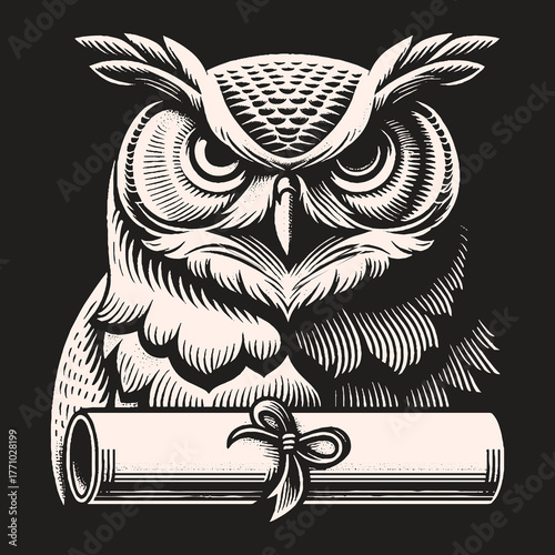 Wise Owl Holding Diploma Scroll Illustration.