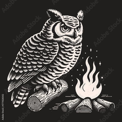 Owl Perched on Log Beside Campfire in the Night.