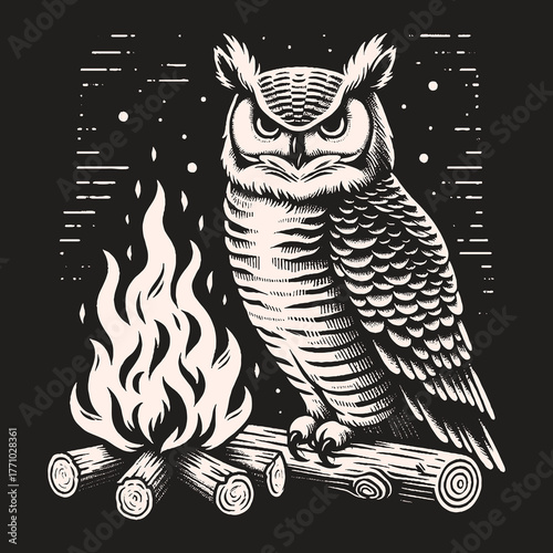 Wise Owl Perched Beside Campfire Under Starry Night Sky.