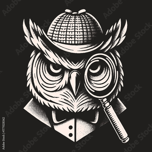 Wise Owl Detective with Magnifying Glass and Hat.