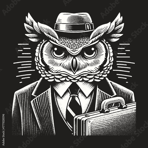 Wise Owl in Suit with Briefcase: Business Concept.