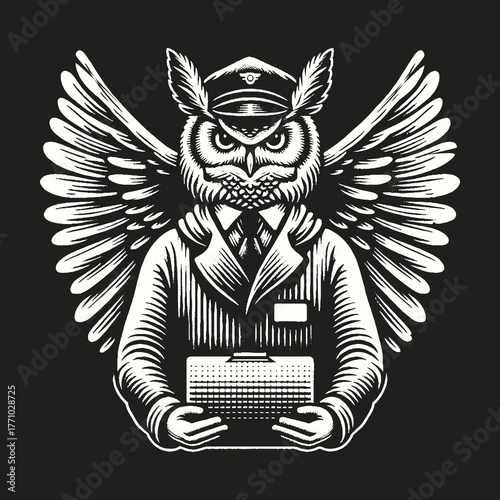 Owl Postman Delivering Package with Wings and Uniform.